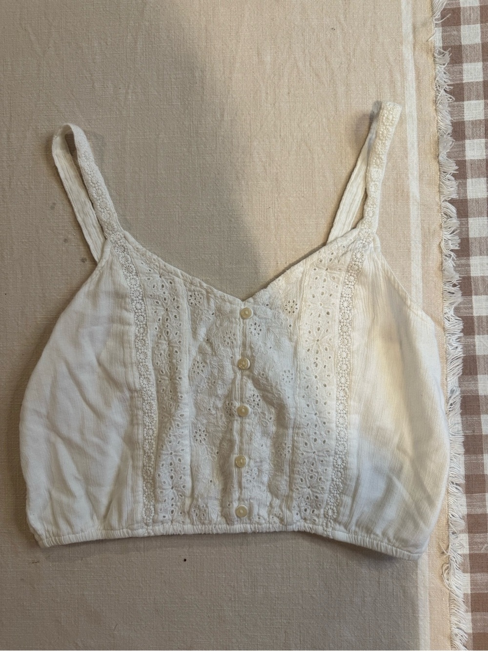 American Eagle Outfitters Ivory Eyelet Button-Front Cropped Cami